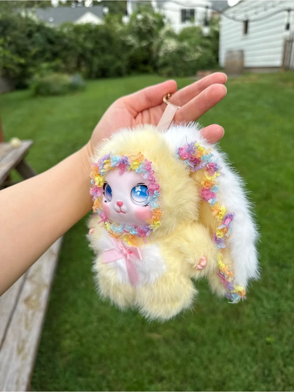 Cute Yellow Bunny Plush Keychain Baby Three with Pink Bow and trim-Gift for Kids